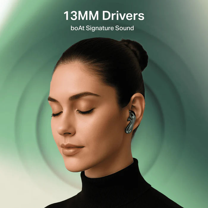 “boAt Airdopes 313 in Carbon Black — two true wireless earbuds resting beside their matching matte black charging case; sleek, angular design with subtle branding, set against a neutral light background.”