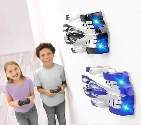 Multi-color Wall Climbing Remote Control Car with zero gravity racing, flashing lights, unbreakable metal face, and infrared remote control for kids.