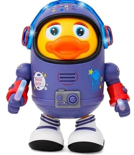 “VT Toys Dancing Astronaut Duck Robot in blue and red, interactive toy with music, flashing lights, and fun dance movements for kids.”