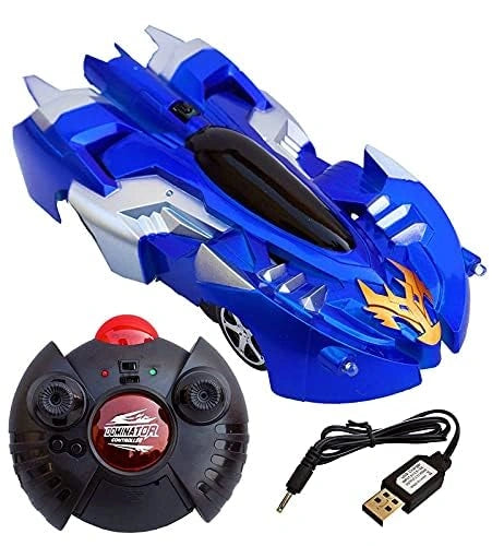 Multi-color Wall Climbing Remote Control Car with zero gravity racing, flashing lights, unbreakable metal face, and infrared remote control for kids.