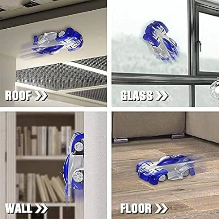 Multi-color Wall Climbing Remote Control Car with zero gravity racing, flashing lights, unbreakable metal face, and infrared remote control for kids.