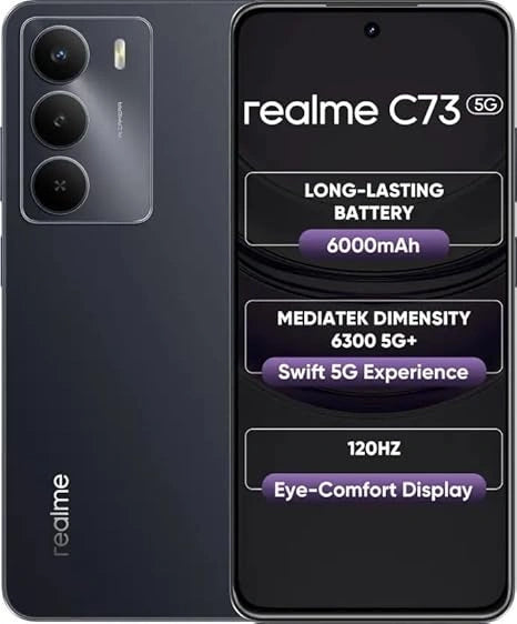 Realme C73 5G smartphone – 6.72-inch 120Hz display, Snapdragon processor, 5000mAh battery, 33W fast charging, dual camera – available at JJR Mobiles, Thoothukudi.