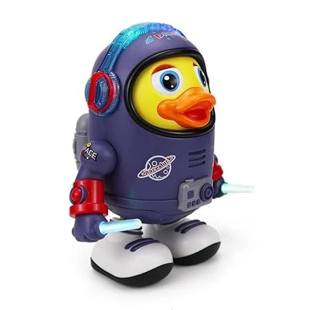 “VT Toys Dancing Astronaut Duck Robot in blue and red, interactive toy with music, flashing lights, and fun dance movements for kids.”