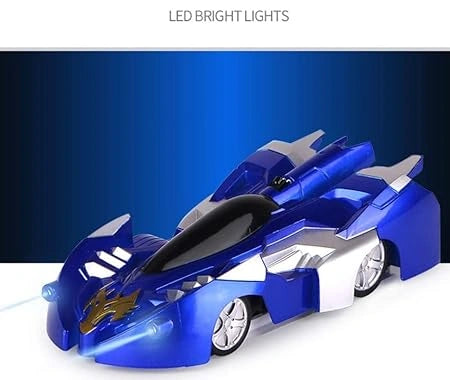 Multi-color Wall Climbing Remote Control Car with zero gravity racing, flashing lights, unbreakable metal face, and infrared remote control for kids.