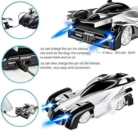 Multi-color Wall Climbing Remote Control Car with zero gravity racing, flashing lights, unbreakable metal face, and infrared remote control for kids.