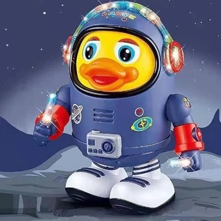 “VT Toys Dancing Astronaut Duck Robot in blue and red, interactive toy with music, flashing lights, and fun dance movements for kids.”