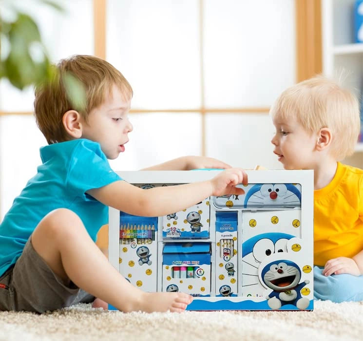 Party Propz Doremon Stationary Kit for Boys - 41Pcs White Blue Stationary Items for Boys Pencil Box Note Book Colours Eraser and Sharpener Return Gift for Boys Doremon School Kit for Boys Stationary Set Return Gifts