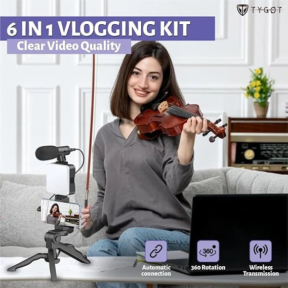 Tygot Vlogging Kit 6 in 1 for iPhone, Android (with Tripod), Mini LED + Cardioid Microphone + Phone Clip + Tripod for Live Broadcasting, Video Calling, Vlogging, YouTube, Instagram