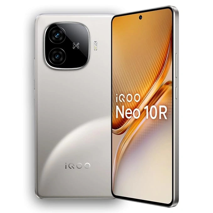 iQOO Neo 10R 5G Moonknight Titanium smartphone with 8GB RAM, 256GB storage, Snapdragon 8s Gen 3 processor, 6400mAh battery, and 90FPS gaming performance.