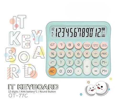 "Mechanical push button calculator with big round keys, 12-digit large LCD display, colorful candy blue design, dual power with auto sleep, suitable for office, school, and shop use."