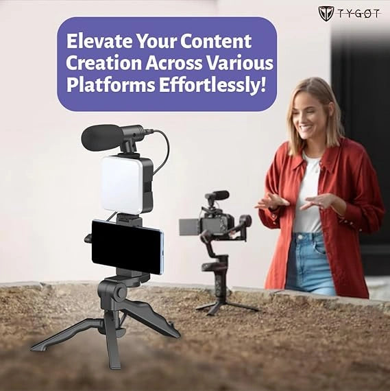 Tygot Vlogging Kit 6 in 1 for iPhone, Android (with Tripod), Mini LED + Cardioid Microphone + Phone Clip + Tripod for Live Broadcasting, Video Calling, Vlogging, YouTube, Instagram