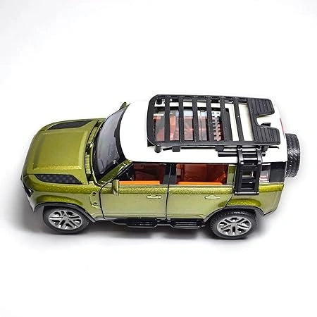 1:22 scale Land Rover Defender remote control car in green with smoke effect, LED lights, opening doors, and USB charging."