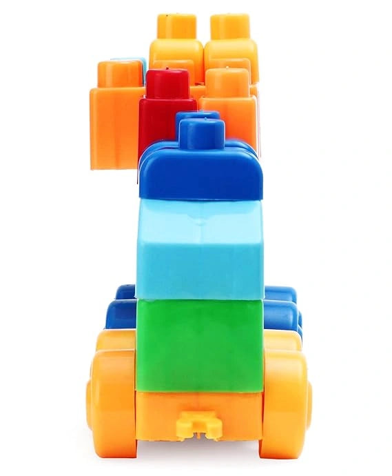 “SEEKHO The Learning Train Blocks Toy set with 26 multicolored pieces including wheels, alphabet and number stickers. Fun educational block toy for kids aged 3+.”