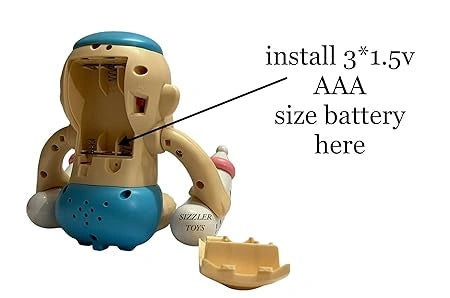 “Brightly colored voice-and sound-activated tumbling baby toy by Sizzler Toys. The toy has LED lights, musical sound modes, and rolls or flips in response to voice/sound. Designed for children aged 3 and above.”