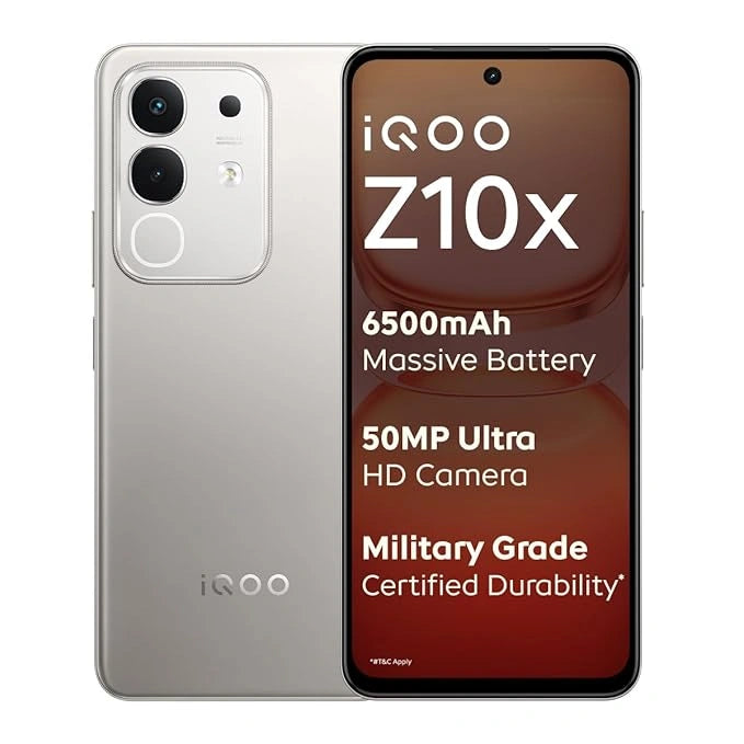 Alt Text: iQOO Z10x 5G Titanium smartphone with 8GB RAM, 128GB storage, Dimensity 7300 processor, 6500mAh large battery, and military-grade durability.