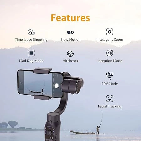 Handheld Gimbal Stabiliser with 3-Axis Feature and Tripod, Facial Tracking, Time Lapse, FPV, Up to 12 Hours Operational Time, Compatible with All Smart Phones