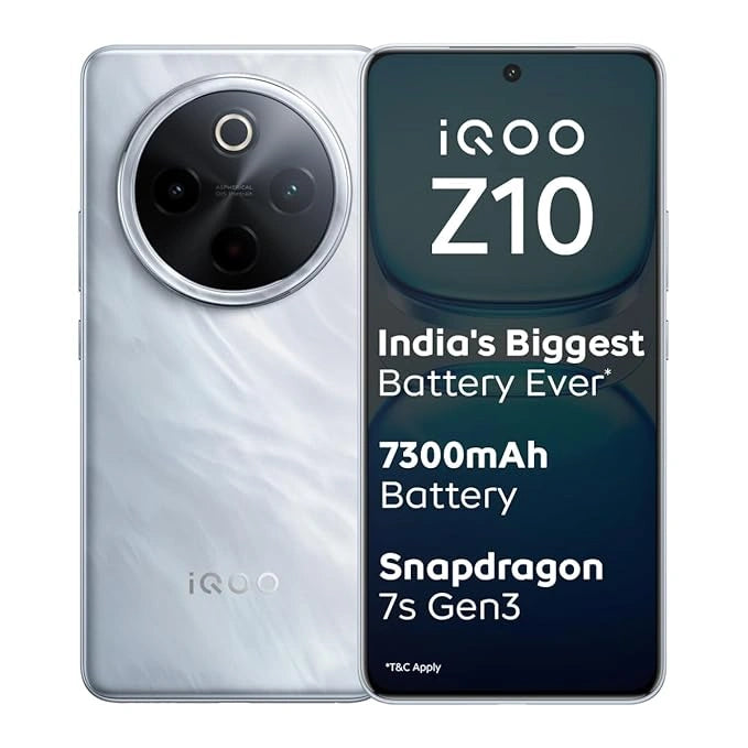 iQOO Z10 5G smartphone in silver color with 8GB RAM and 128GB storage, showing sleek design and modern display – available at JJR Mobiles, Thoothukudi.