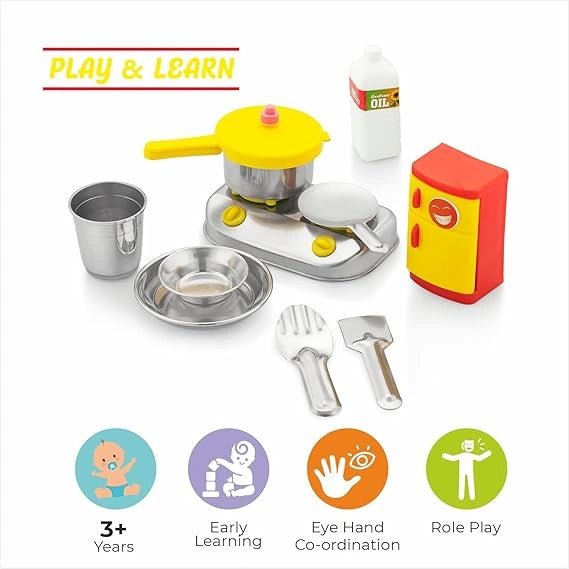 Sunny Junior Chef’s Stainless Steel Kitchen Set for Kids 3Y+ | Includes Gas Stove, Pressure Cooker & Fridge | Durable, Realistic & Safe Pretend Play Cooking Toy