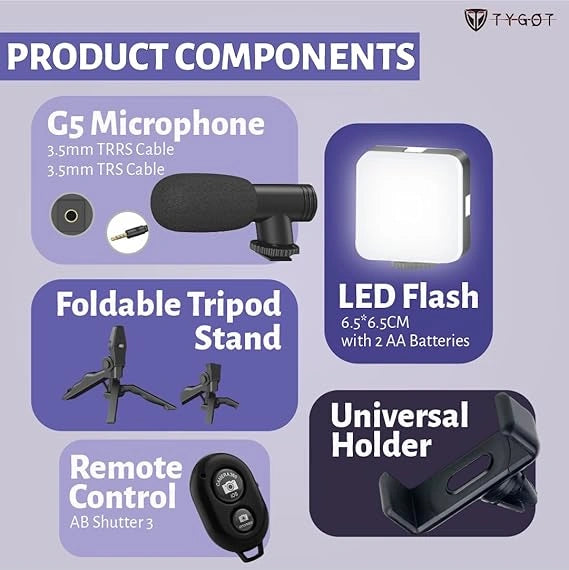 Tygot Vlogging Kit 6 in 1 for iPhone, Android (with Tripod), Mini LED + Cardioid Microphone + Phone Clip + Tripod for Live Broadcasting, Video Calling, Vlogging, YouTube, Instagram