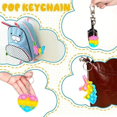 "Set of 10 colorful silicone pop keychain fidget toys for kids, stress relief and party bag fillers, perfect for birthdays, classroom rewards, and gifts."