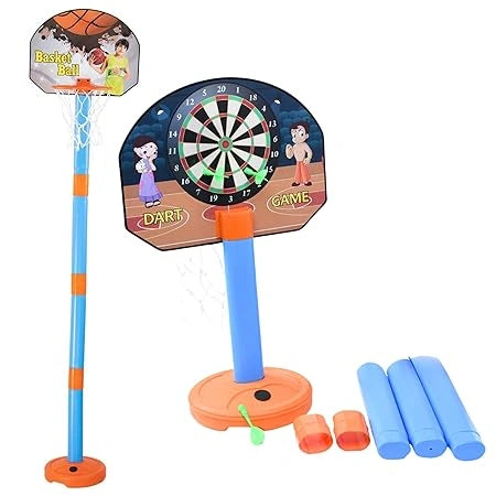 2-in-1 kids basketball set with adjustable stand and magnetic dart game, includes rubber basketball and 3 darts, suitable for indoor and outdoor play."