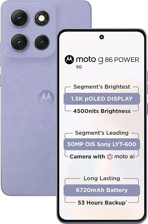 "Motorola G86 Power 5G smartphone in Pantone Cosmic Sky color with 128GB storage and 8GB RAM"