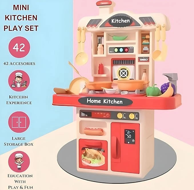 “Kids toy kitchen playset with 45 accessories – refrigerator, microwave, oven, sink, and cooking tools”