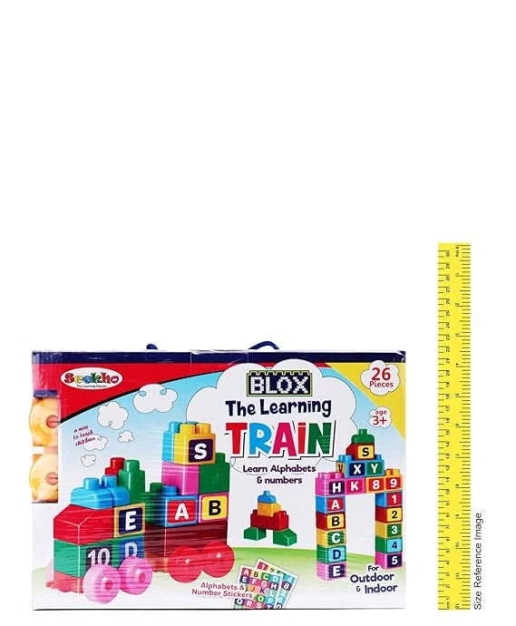 “SEEKHO The Learning Train Blocks Toy set with 26 multicolored pieces including wheels, alphabet and number stickers. Fun educational block toy for kids aged 3+.”