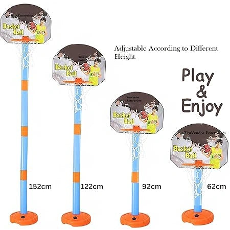 2-in-1 kids basketball set with adjustable stand and magnetic dart game, includes rubber basketball and 3 darts, suitable for indoor and outdoor play."