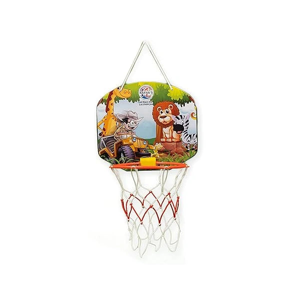 "Havekart cartoon-themed indoor basketball set with ball, multicolor jungle design, fun and exciting game for kids to play."