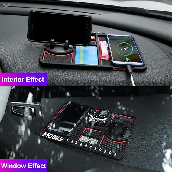 Car Anti-Slip Mat with Mobile Holder 4 in 1 Multifunctional Mobile Phone Mat 360° Rotatable for Dashboard Storage,Car Phone Holder Parking Number Plate