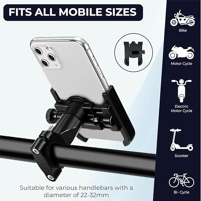 360° Rotating Bike Mobile Holder C1 Bike Mobile Stand Secure & Convenient Phone to Any Angle for Easy Navigation Fits for All Smartphones Black