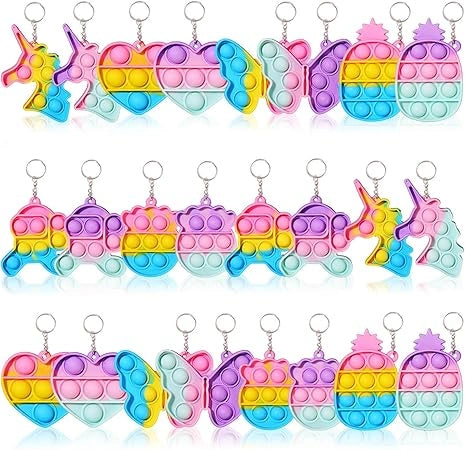 "Set of 10 colorful silicone pop keychain fidget toys for kids, stress relief and party bag fillers, perfect for birthdays, classroom rewards, and gifts."