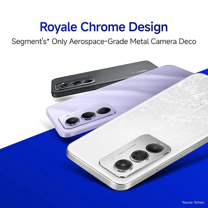 Redmi 15 5G Frosted White smartphone with 6GB RAM and 128GB storage, featuring a 6.9-inch 144Hz display, Snapdragon 6s Gen 3 processor, 7000mAh battery with 18W reverse charging, and 50MP AI dual camera.