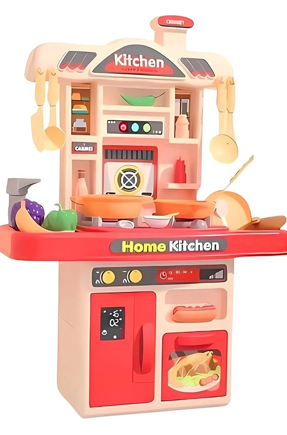 “Kids toy kitchen playset with 45 accessories – refrigerator, microwave, oven, sink, and cooking tools”