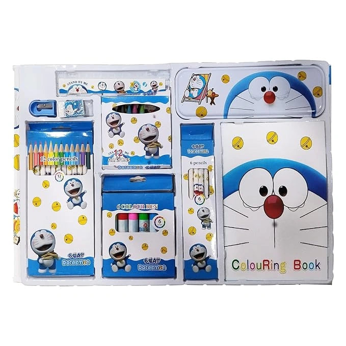 Party Propz Doremon Stationary Kit for Boys - 41Pcs White Blue Stationary Items for Boys Pencil Box Note Book Colours Eraser and Sharpener Return Gift for Boys Doremon School Kit for Boys Stationary Set Return Gifts