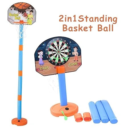 2-in-1 kids basketball set with adjustable stand and magnetic dart game, includes rubber basketball and 3 darts, suitable for indoor and outdoor play."