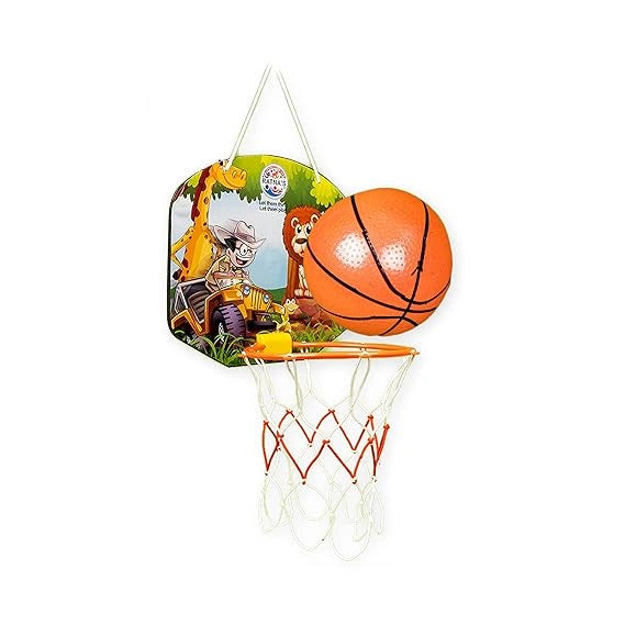 "Havekart cartoon-themed indoor basketball set with ball, multicolor jungle design, fun and exciting game for kids to play."