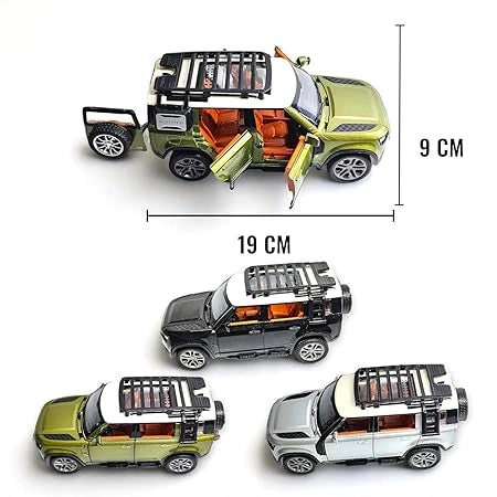 1:22 scale Land Rover Defender remote control car in green with smoke effect, LED lights, opening doors, and USB charging."