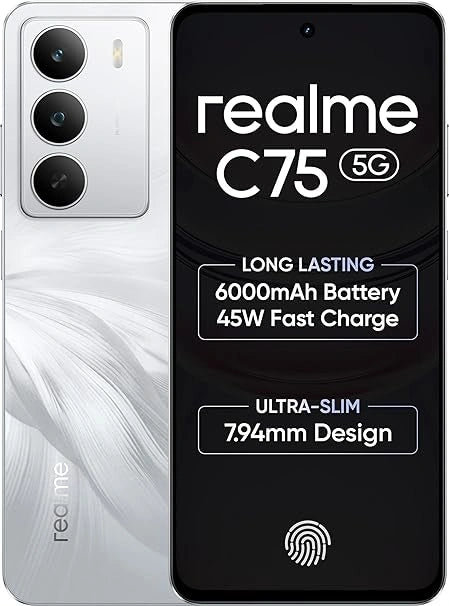 realme C75 5G smartphone in sleek design with dual cameras, large display, and fast 5G connectivity