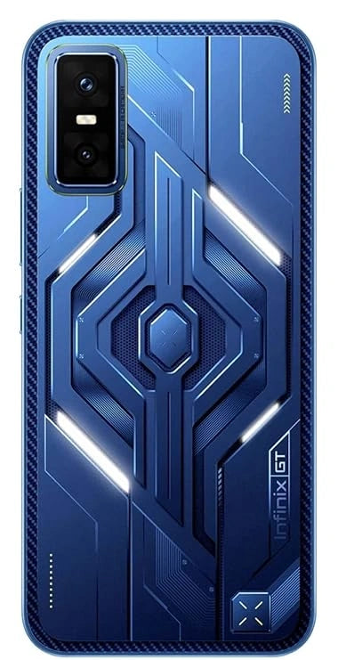 Infinix GT 30 5G Plus Cyber Blue smartphone with 8GB RAM and 128GB storage, powered by Dimensity 7400 processor, featuring 120FPS BGMI gaming and built-in gaming triggers.
