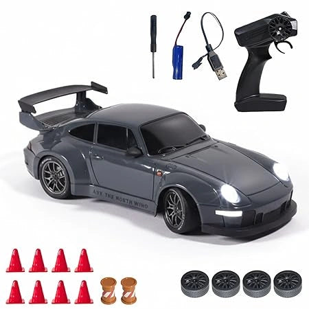 “1:24 scale Porsche 911 remote-controlled drift car with 4WD, 2.4GHz control, gyroscope, LED lights, and super sports racing design.”