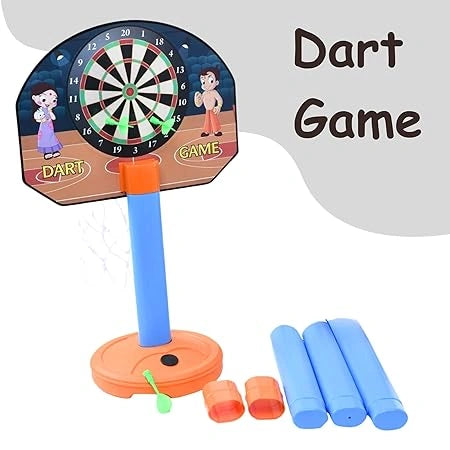 2-in-1 kids basketball set with adjustable stand and magnetic dart game, includes rubber basketball and 3 darts, suitable for indoor and outdoor play."