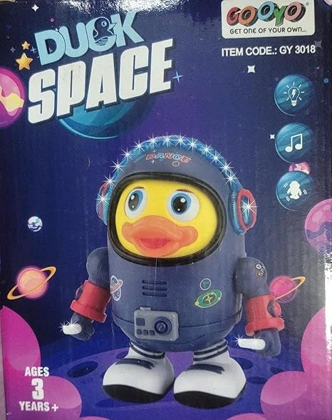 “VT Toys Dancing Astronaut Duck Robot in blue and red, interactive toy with music, flashing lights, and fun dance movements for kids.”