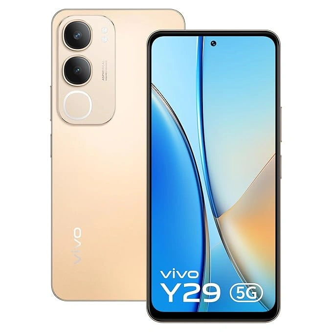 “Vivo Y29 5G in Titanium Gold—highlighting the rear dual lenses and minimalist design.”