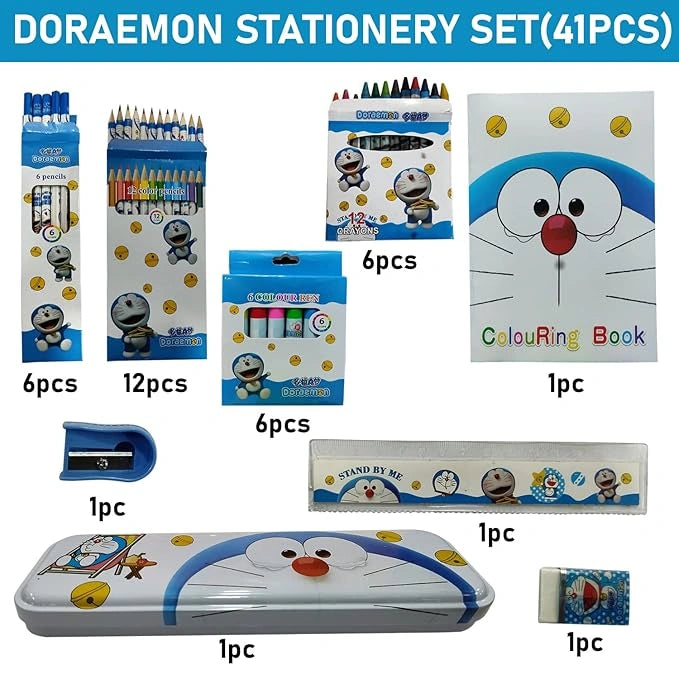 Party Propz Doremon Stationary Kit for Boys - 41Pcs White Blue Stationary Items for Boys Pencil Box Note Book Colours Eraser and Sharpener Return Gift for Boys Doremon School Kit for Boys Stationary Set Return Gifts