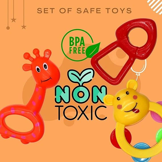 "Bright and colorful 4-piece baby rattle set, non-toxic musical playset for infants and toddlers, multicolored."
