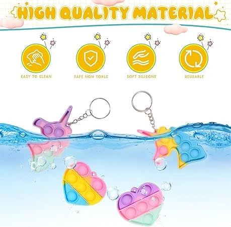 "Set of 10 colorful silicone pop keychain fidget toys for kids, stress relief and party bag fillers, perfect for birthdays, classroom rewards, and gifts."