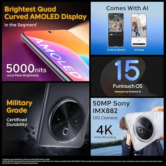 iQOO Z10 5G (Silver, 8GB RAM, 128GB Stroage) | India's Biggest Ever 7300 mAh Battery | Snapdragon 7s Gen 3 Processor | Brightest Quad Curved AMOLED Display in The Segment