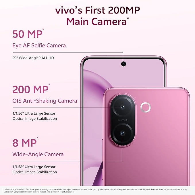 Vivo V60e 5G smartphone with elegant curved display, dual camera setup, and premium design — stylish 5G phone for smooth performance and photography.